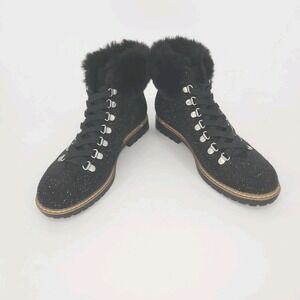 INC International Concepts Janeli Rhinestone Faux Fur Hiking Boots Black 10M EUC